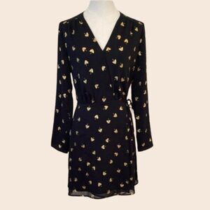 & Other Stories Black and Gold Leaf Print Long Sleeve Wrap Mini Dress Size 2